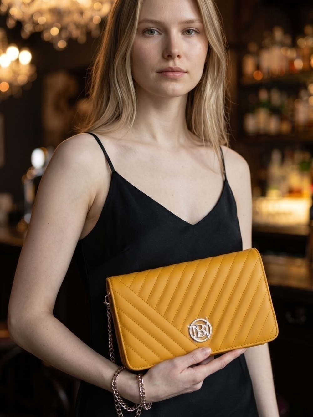 #224 Badgley Mischka Quilted Mustard Yellow Crossbody Bag with Chain